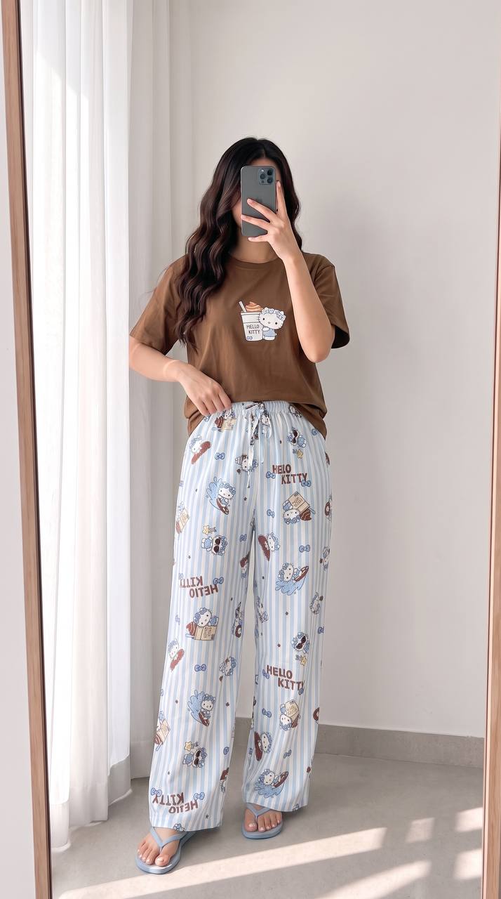 کپی ست تیشرت پنبه و شلوار بوگاتی  کاملیا 🎀 - کیتی قهوه ای