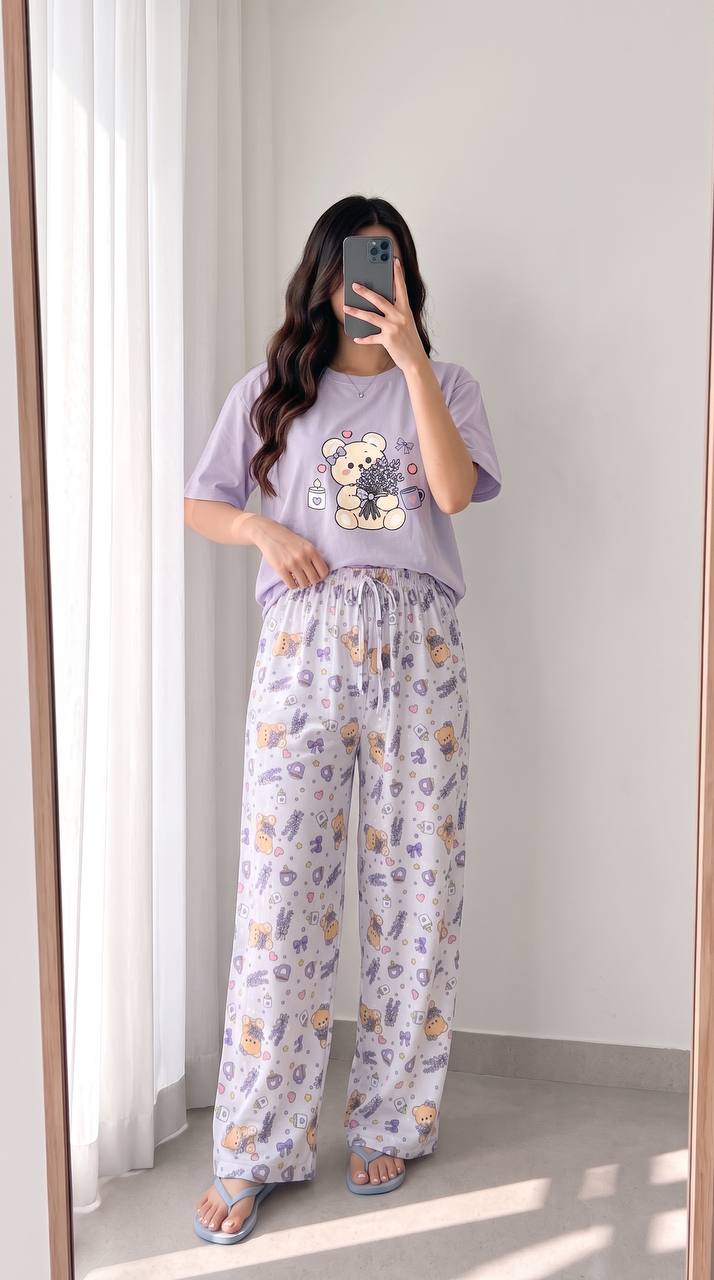 کپی ست تیشرت پنبه و شلوار بوگاتی  کاملیا 🎀 - خرسی بنفش